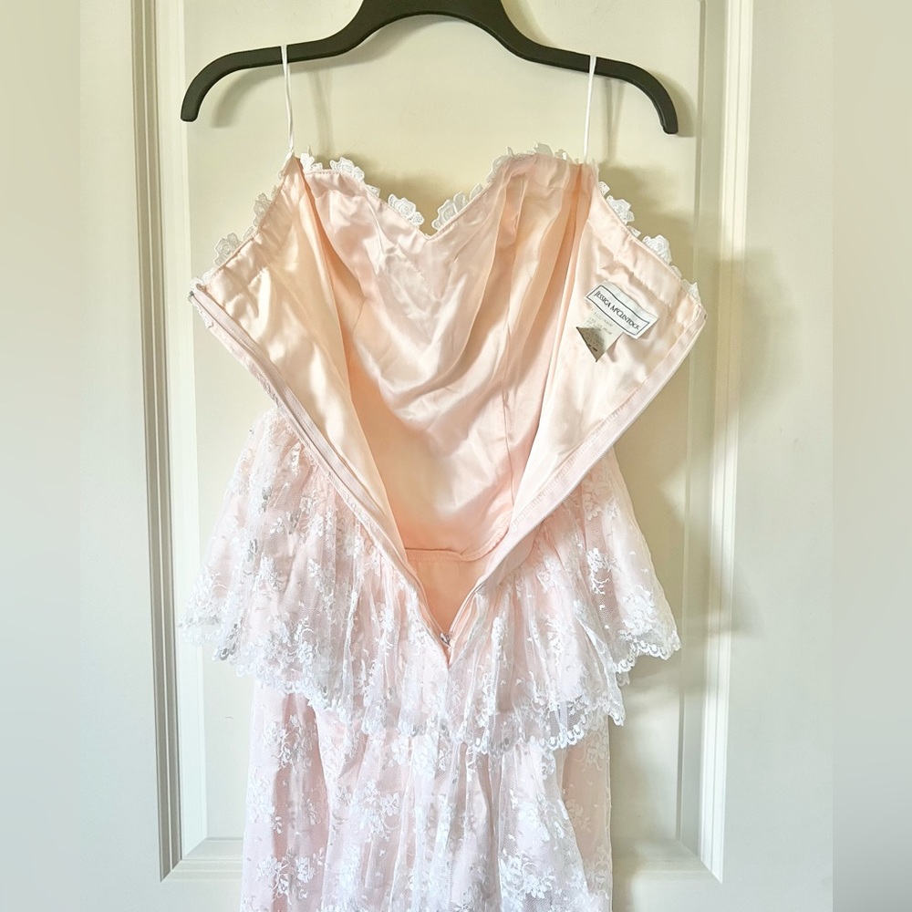 Vtg Jessica McClintock Pink Floral Lace Midi Dress 6 Peplum Ruffle Train 80s - Picture 8 of 10